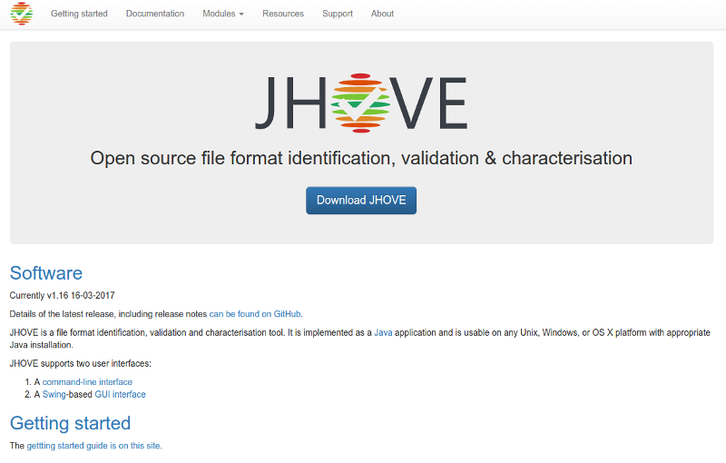 JHOVE website home page Screenshot of the JHOVE website home page