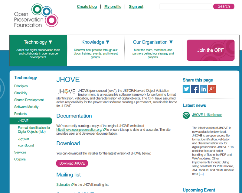 OPF Site JHOVE product page Screenshot of the Open Preservation Foundation website JHOVE product page