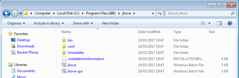 JHOVE GUI batch file in Windows Explorer Screenshot of the Windows explorer showing the JHOVE GUI bat file
