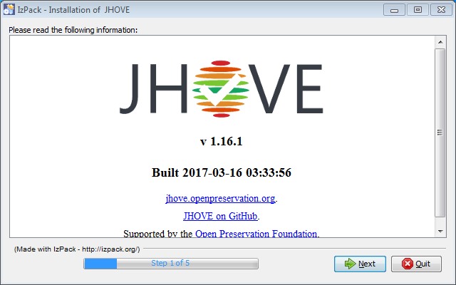 JHOVE installer stage one Screenshot of the JHOVE installer stage one on Windows