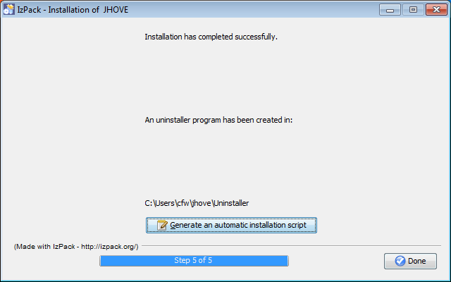 JHOVE installer stage five Screenshot of the JHOVE installer stage five on Windows